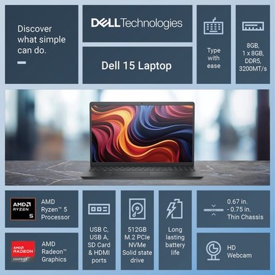 Dell 15 Laptop, 15.6-inch FHD Touchscreen, AMD Ryzen 5-7530U, 8GB