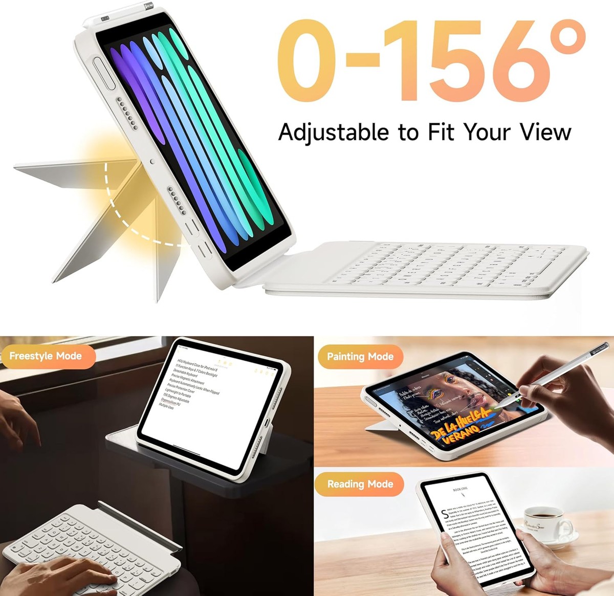 HOU Keyboard Case for iPad Mini 7/6, 156° Adjustable Stand, Ivory