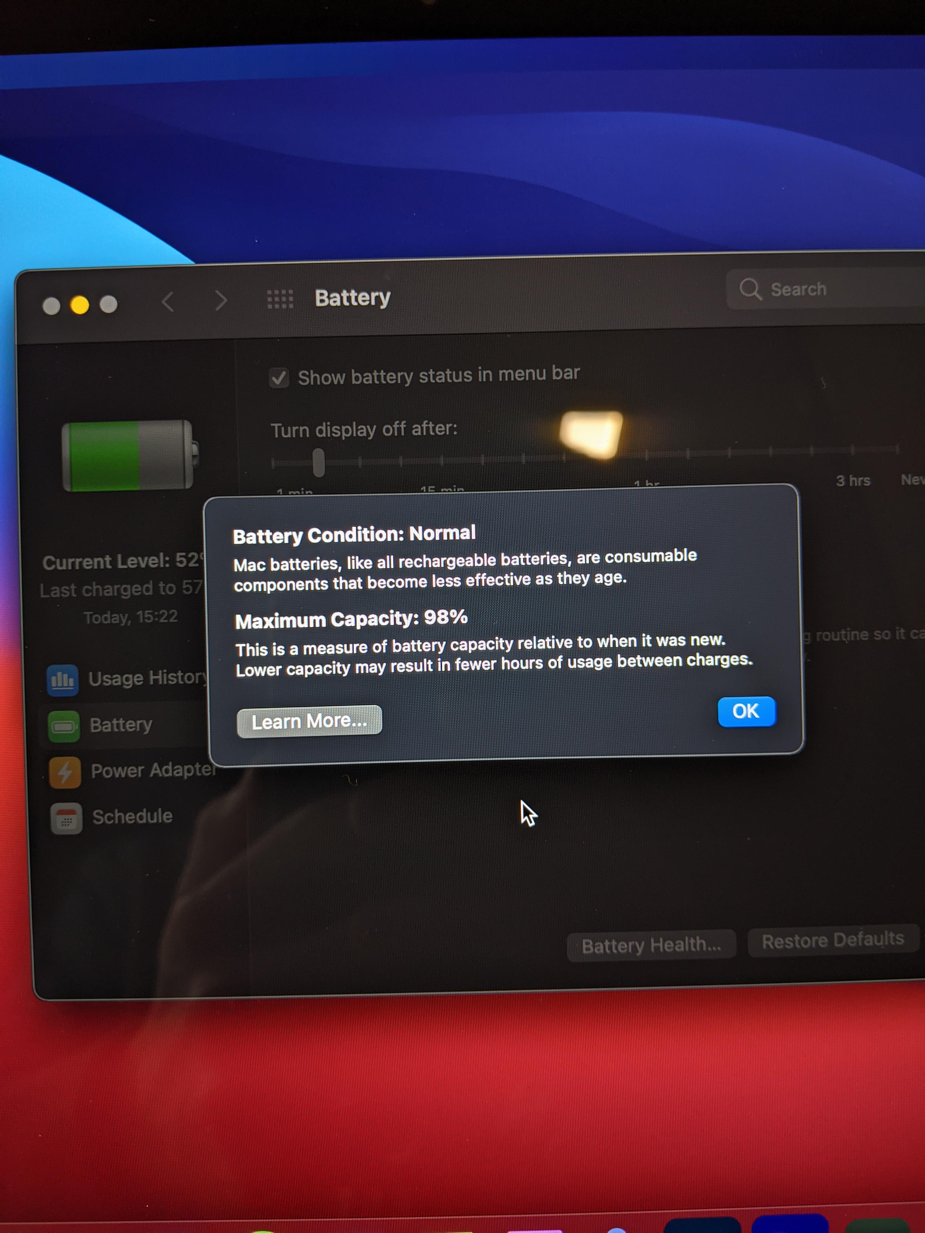 Brand new MacBook Air M1, only 9 charge cycles but already at 98