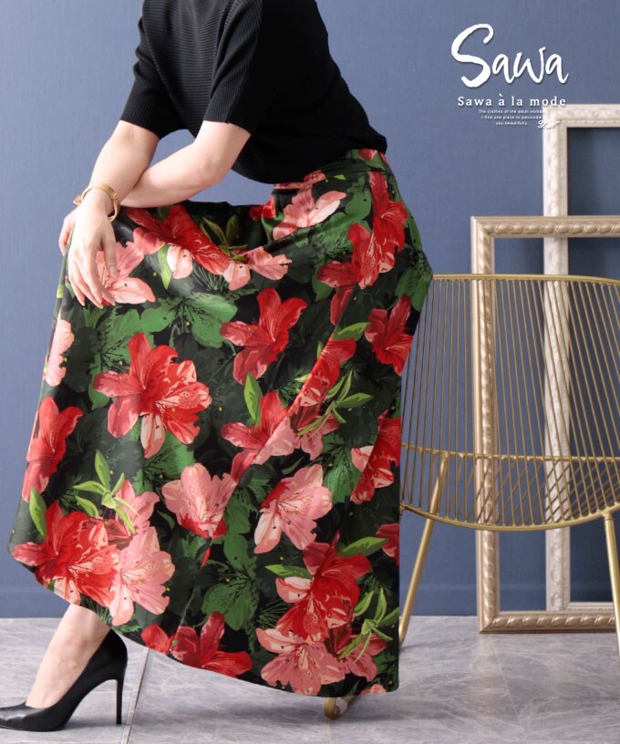 スカート】 花柄スカート フレアスカート フレア 花柄 レッド 赤