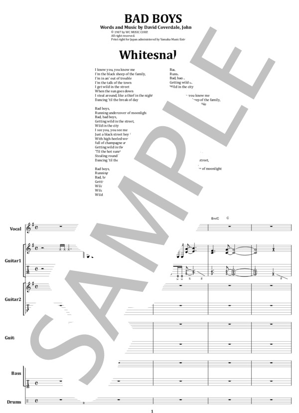 楽譜】WHITESNAKE / BAD BOYS バンド・スコア 楽譜 / WHITESNAKE