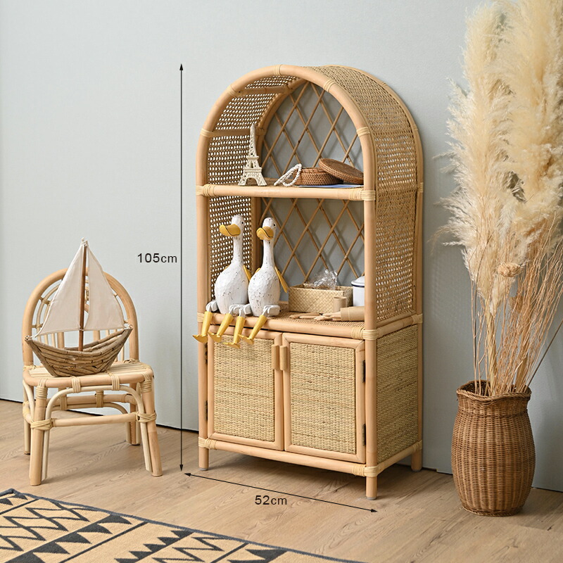 アジアン家具 ラタン チェスト オープンラック ラタンラック 2段 扉