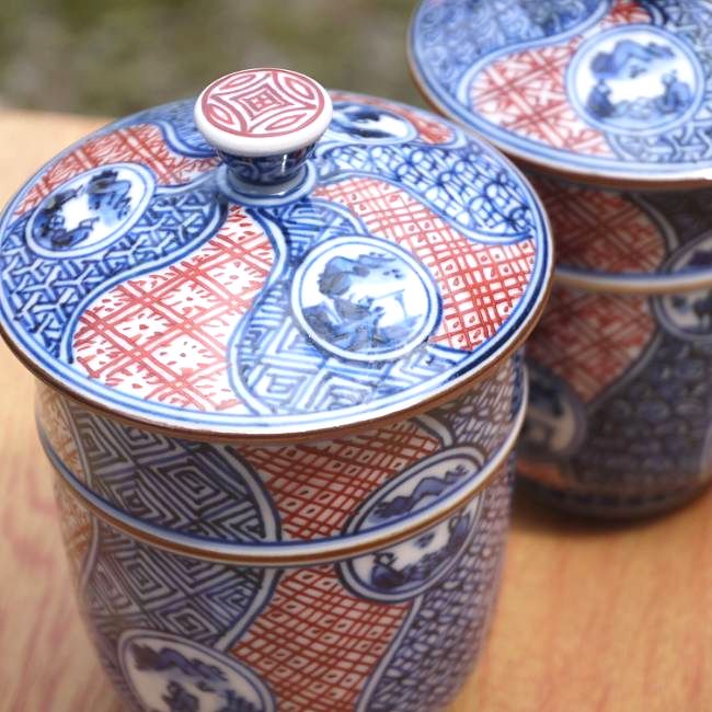 彩捻丸紋山水夫婦湯呑み 春晃 蓋付 - 京焼清水焼 松韻堂