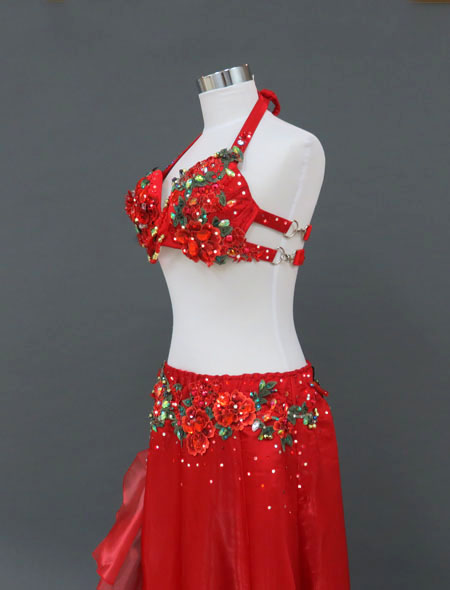 ベリーダンス衣装】豪華でキュート＆セクシーな赤！フラワー装飾に