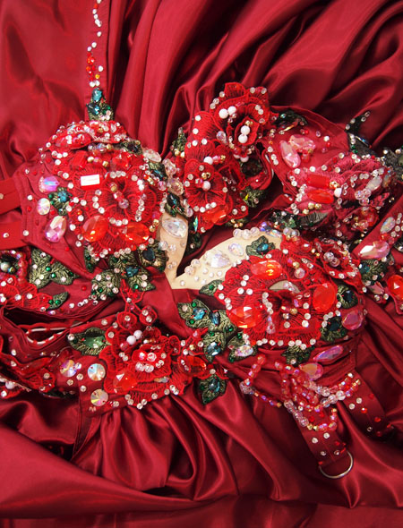 ベリーダンス衣装】情熱溢れる赤と薔薇のデザイン！ふわりと広がる