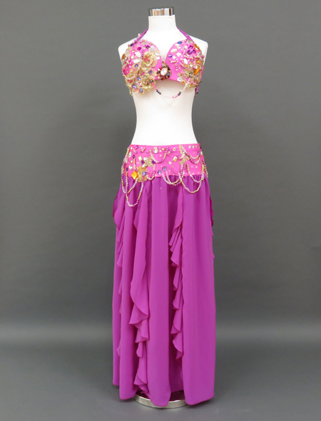 ベリーダンス衣装】ピンクパープルにゴールドのレースが煌びやか！高級