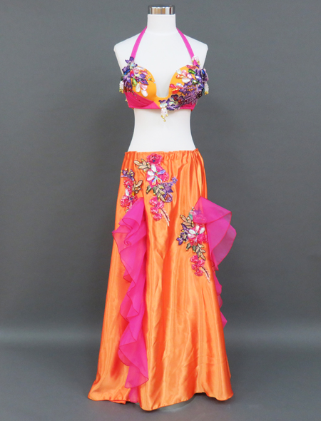 ベリーダンス衣装】鮮やかピンク×オレンジが明るく眩しい！観客の視線