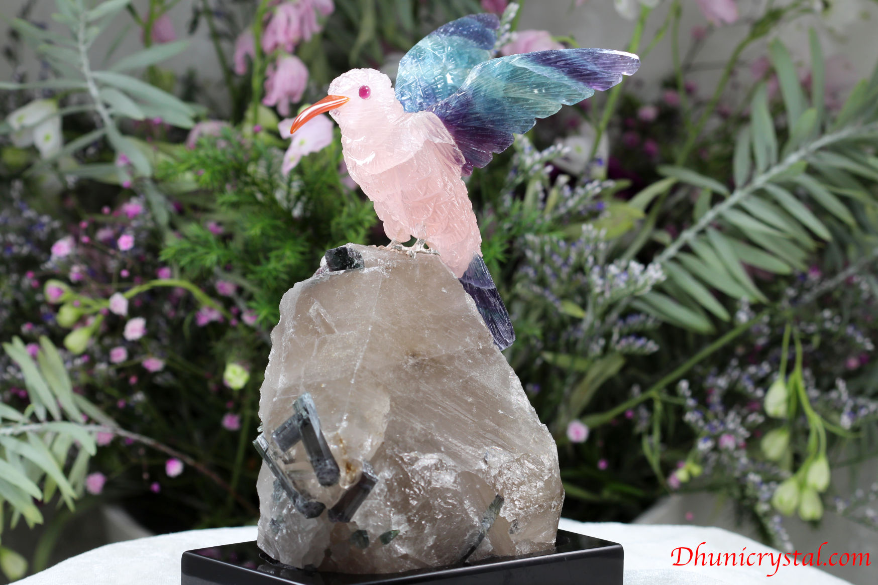 プレミアム・石の鳥さんシリーズ【ローズクォーツのハチドリonグリーン