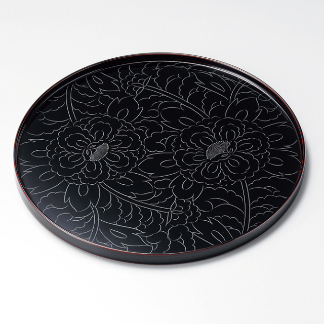 丸盆 10.0 水引草 溜 木製 漆塗り トレー 12-10202 漆器の井助