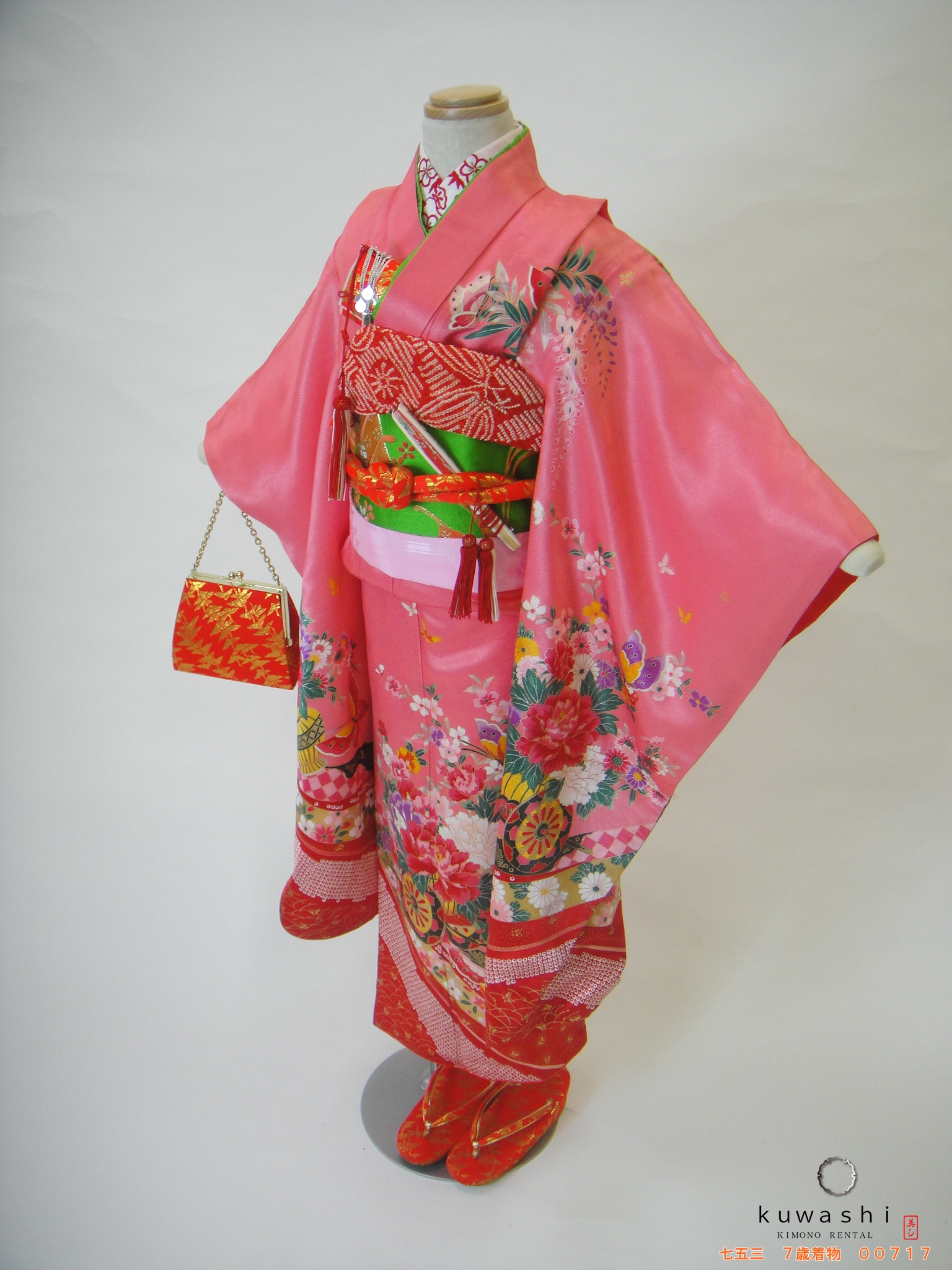七五三レンタル着物】 00717 ピンク綸子花車フルセット 【7歳女児