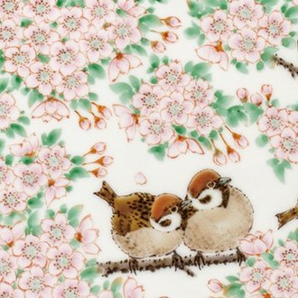 九谷焼作家 ギフト ご贈答品 御祝い九谷焼陶額 桜群雀図 中村陶志人