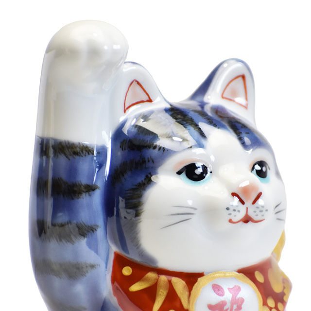 九谷焼 招き猫 置物 紫釉彩（右手）