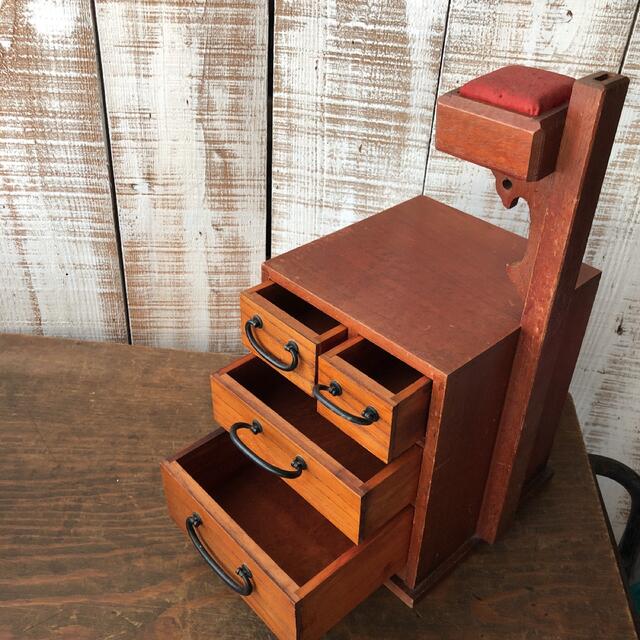 やぐら付き 裁縫箱 木製ソーイングBOX 昭和レトロ アンティークの通販