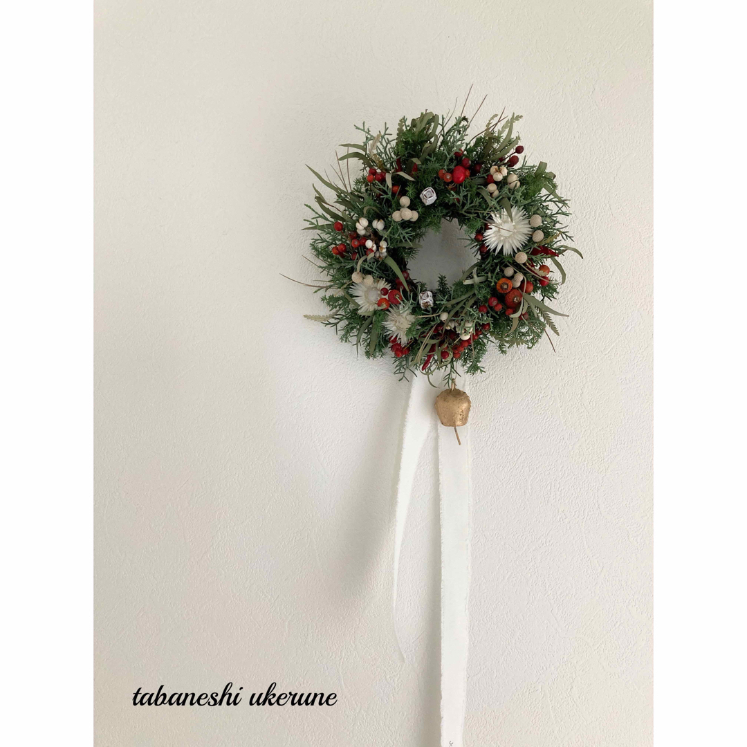 赤い実と白い実を紡いだ アイアンベルが鳴る クリスマス リース ドライ