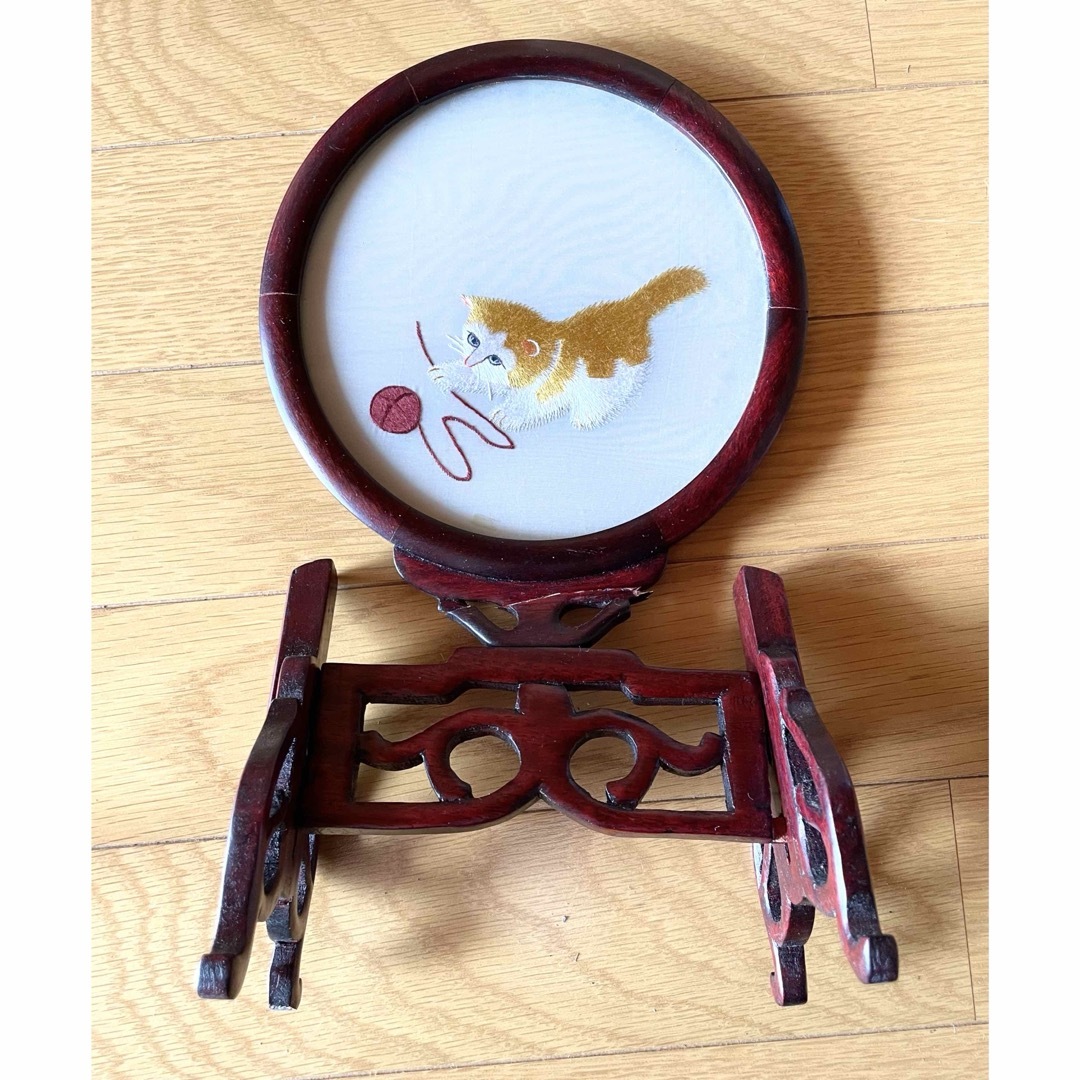 VINTAGE - アンティーク中国美術 工芸品 中国蘇州 刺繍 猫 ねこ 両面