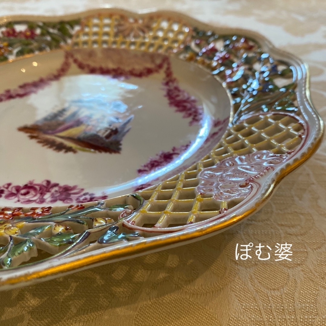 MEISSEN - 【古マイセン】ヘロルト 宮廷画／金彩色絵人物文 透かし皿