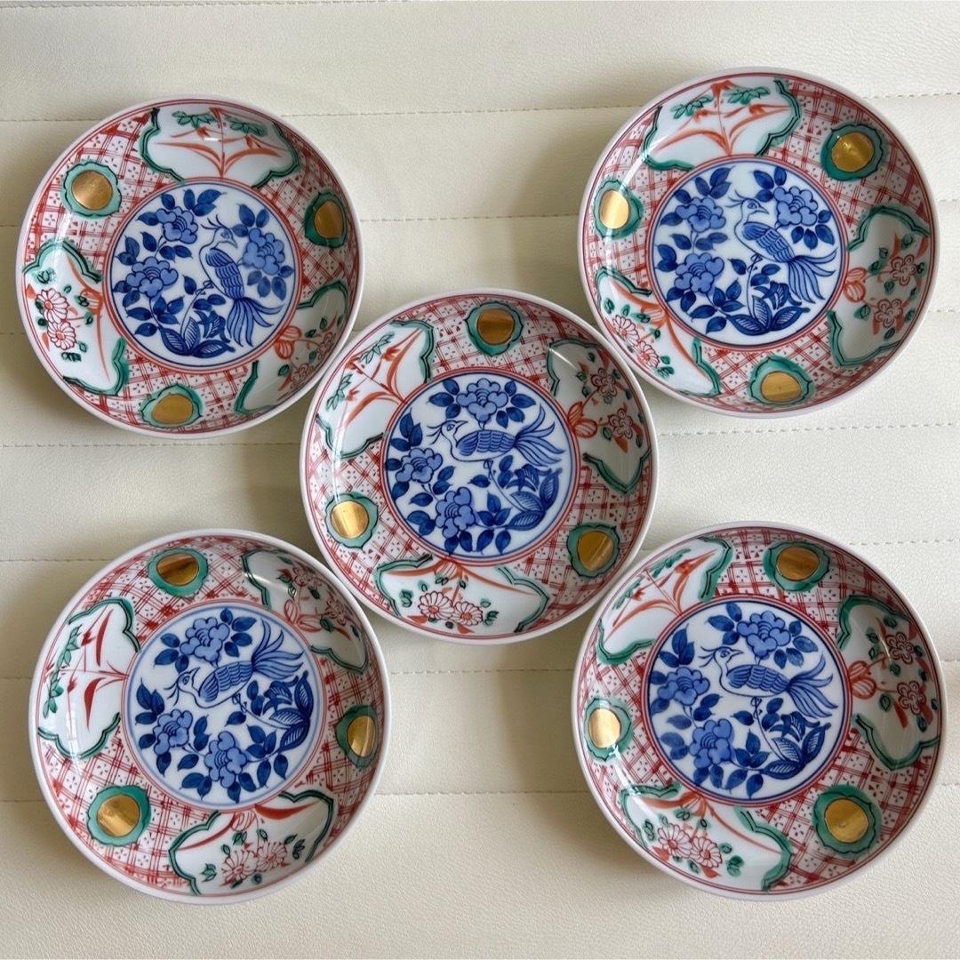 たち吉 - たち吉 赤絵花鳥 金彩丸紋 銘々皿揃 5枚セット 呉須 染付