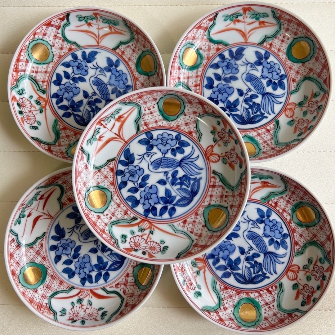 たち吉 - たち吉 赤絵花鳥 金彩丸紋 銘々皿揃 5枚セット 呉須 染付