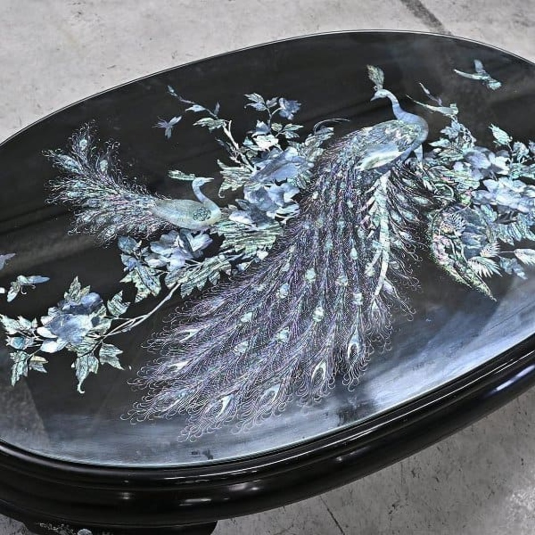 引取限定】螺鈿細工 座卓 70万 孔雀 座卓 ガラス ちゃぶ台 ロー