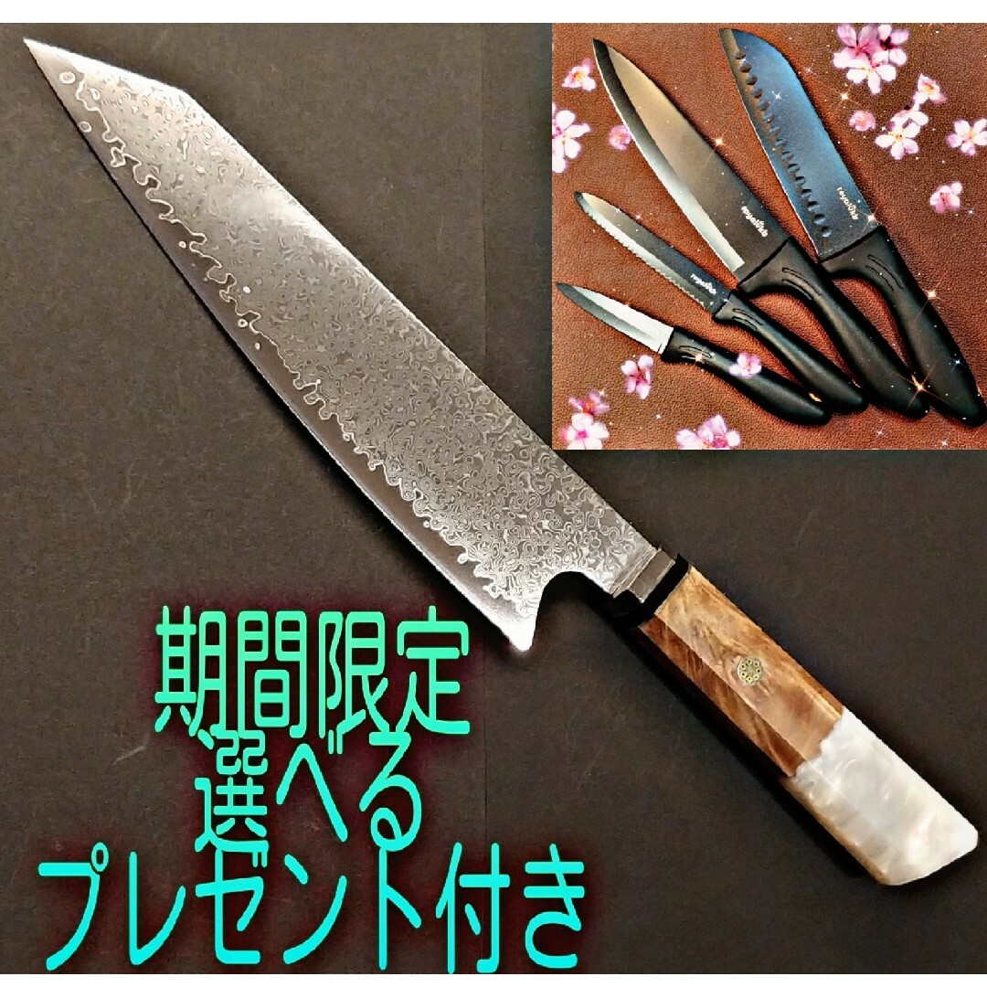 プレゼント付き V金10号 67層 ダマスカス包丁 青緑柄 剣型 牛刀 【公式