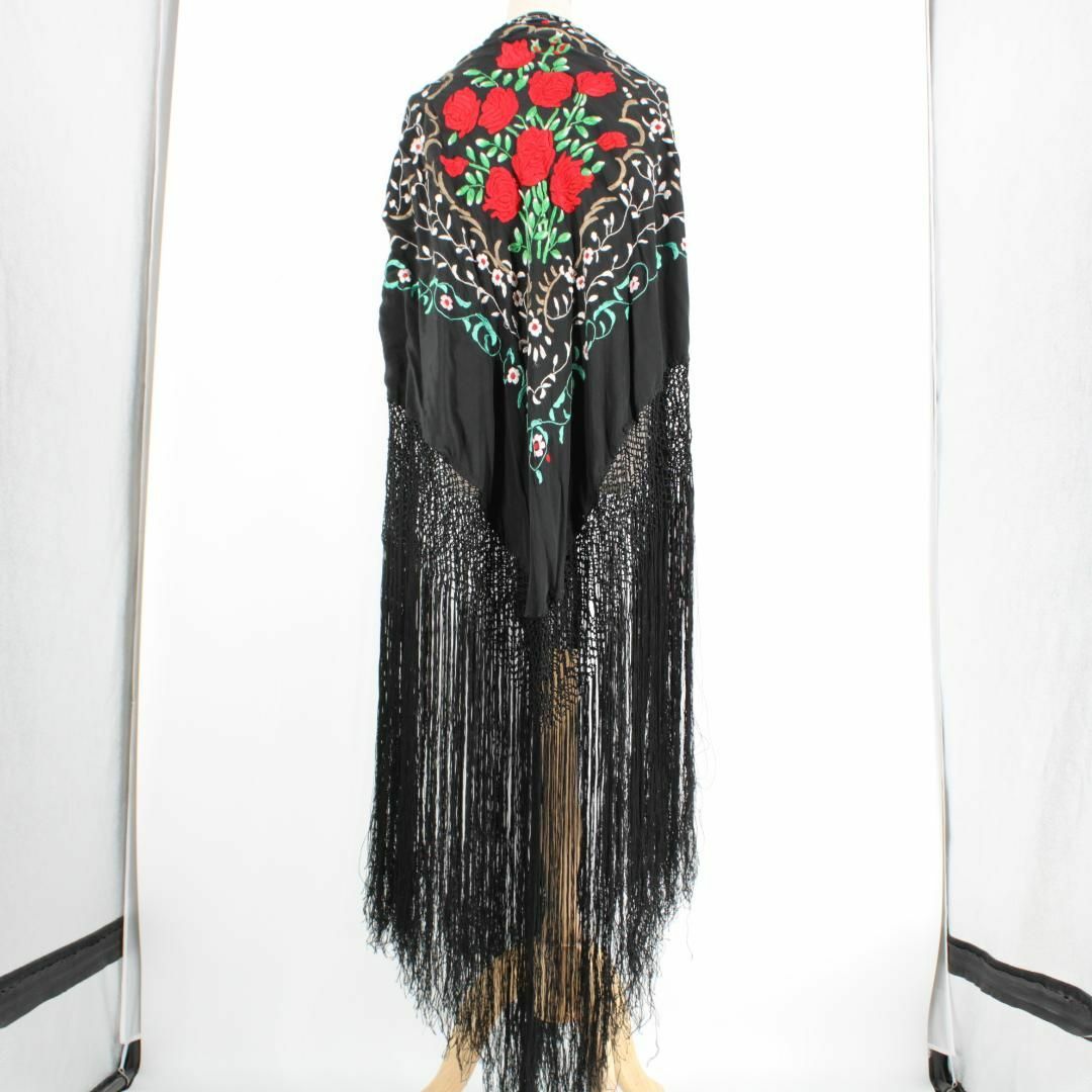 美品 フラメンコ衣装】ブラック マントン シージョ 黒 薔薇 刺繍 花柄