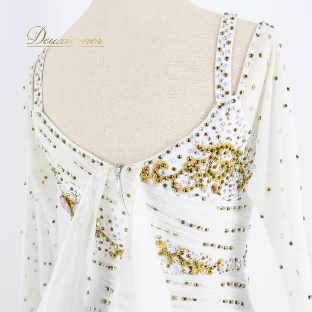 社交ダンス衣装】ホワイト ワンピース ドレス 白 フロート ゴールド 金