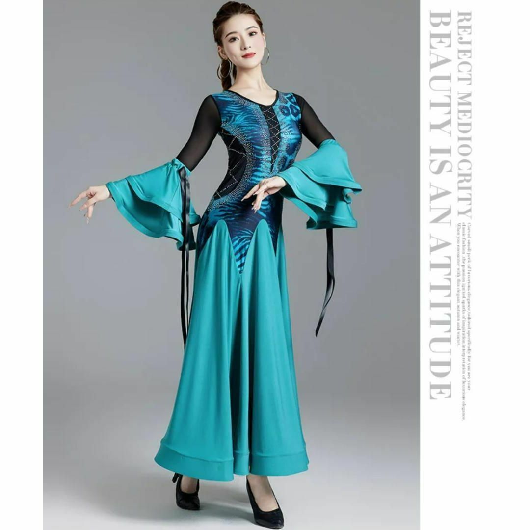 社交ダンス 衣装XL ドレス ブルー青ワンピース タンゴ競技ワルツ長袖