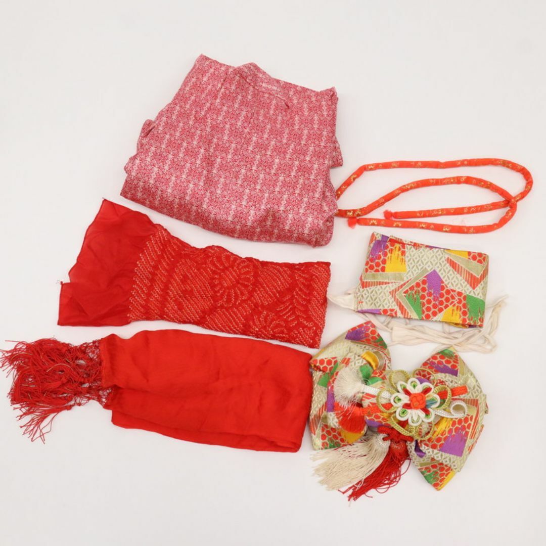 七五三5点セット 3歳女児 花模様 子供着物帯小物 赤 正絹 8RR3の通販