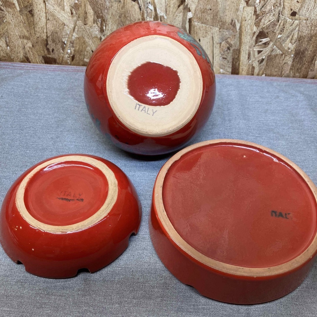 N①2443】イタリア製 花瓶と灰皿のセット 花瓶 灰皿 レッド レトロの