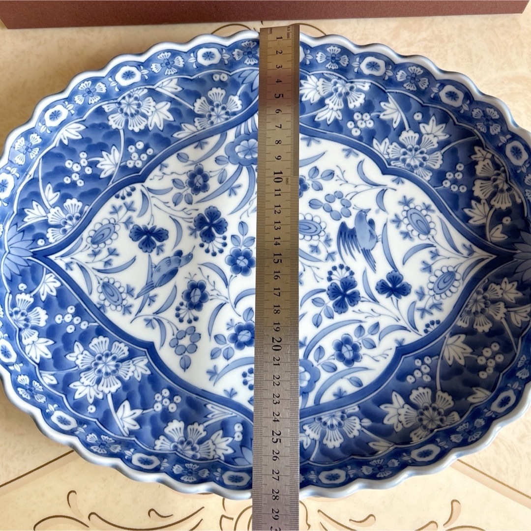 有田焼 - 三洋陶器 龍峰窯 花鳥 染付更紗 楕円大皿 菊割 輪花 大鉢 和