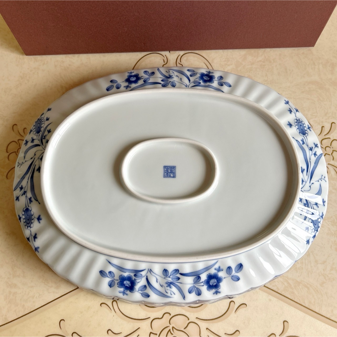 有田焼 - 三洋陶器 龍峰窯 花鳥 染付更紗 楕円大皿 菊割 輪花 大鉢 和