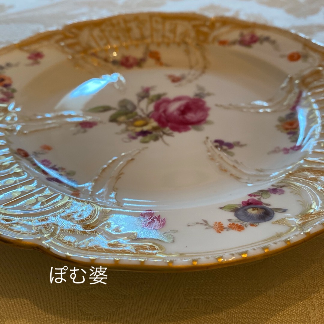 MEISSEN - 【KPMベルリン 】手描き 上金彩皿／メインがローズの
