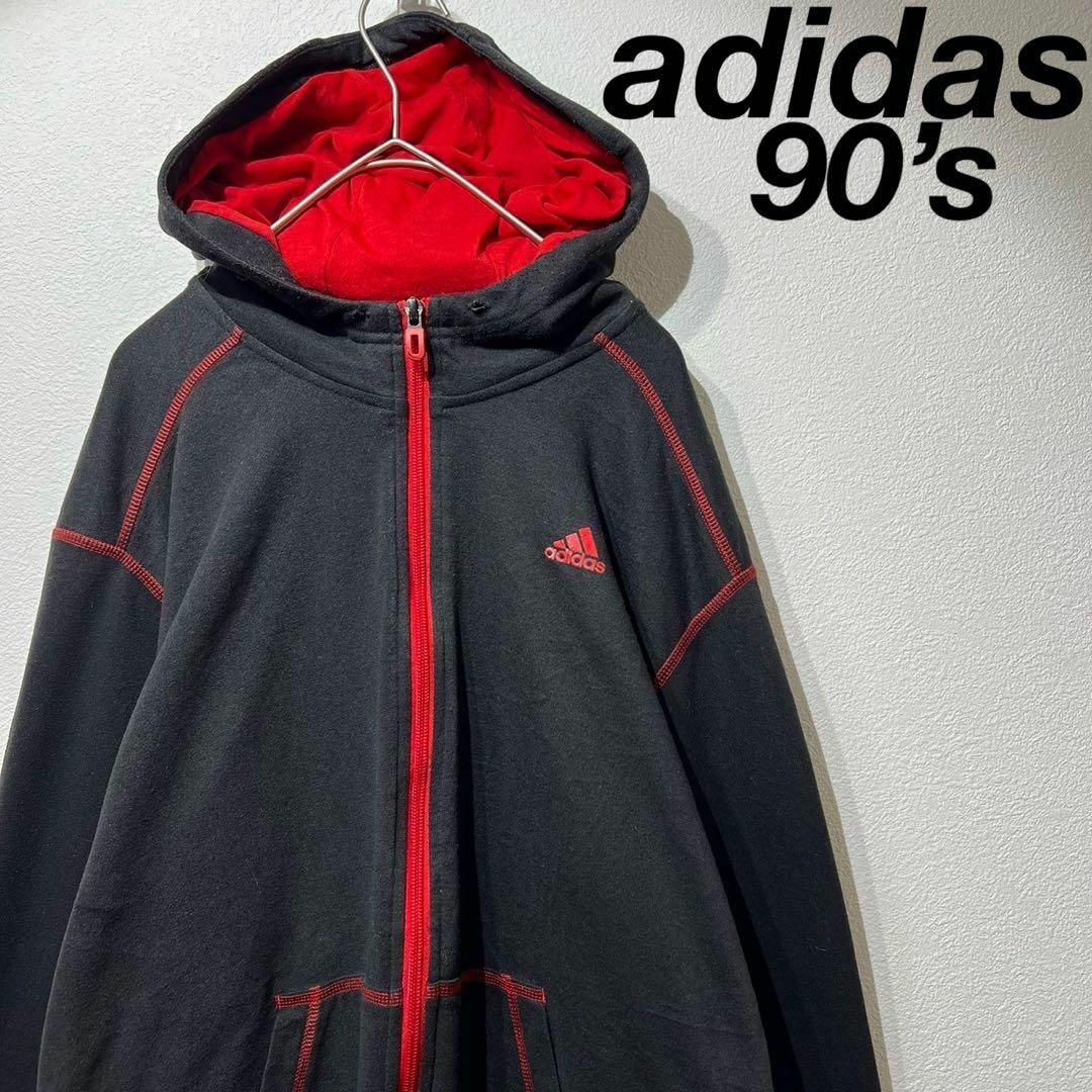 adidas - 【希少】90s adidas ロゴジップパーカー ブラック レッド 黒