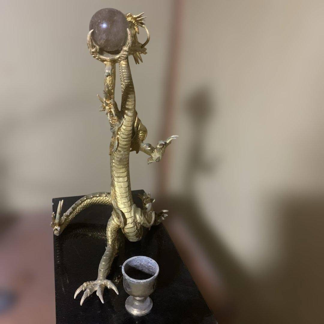龍 置物 風水 金色 ルチル球 水杯 開運 金運 厄祓い インテリア 龍