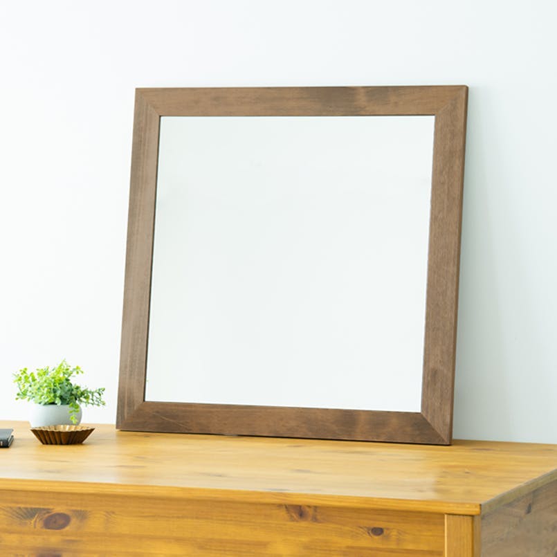 日本製】【幅広枠正方形ウォールミラー 幅60cm(アンティークブラウン