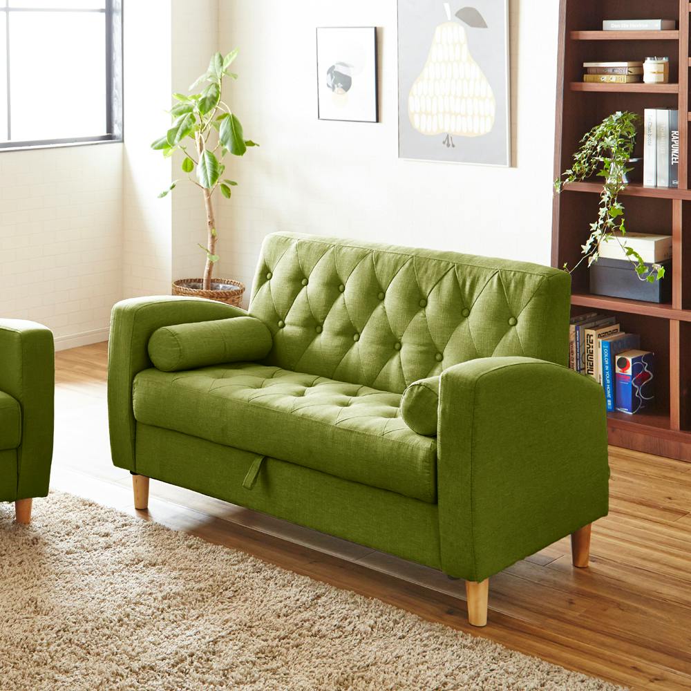 後藤家具物産 収納庫付き2人掛けソファー クララ/グリーン色 Size：123