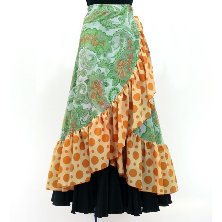 フラメンコ 巻きスカート ローズ×水玉 グリーン×オレンジ Fサイズ FMS