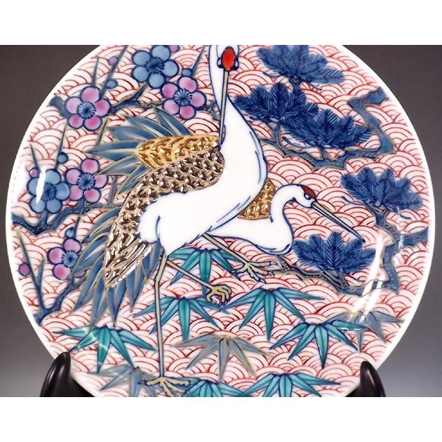 陶芸日展作家 藤井朱明 染錦 桜文花鳥図 鯛皿 幅56cm 共箱 有田焼 古