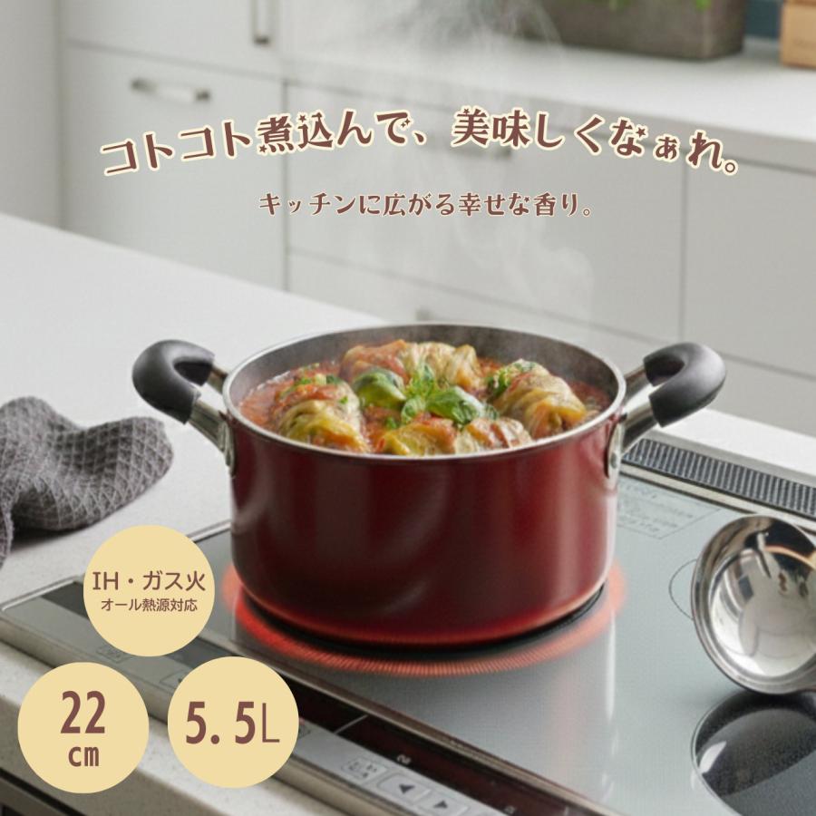 半寸胴鍋 22cm 5.5L ガラス鍋蓋付 両手鍋 ガス火 IH対応 フッ素加工