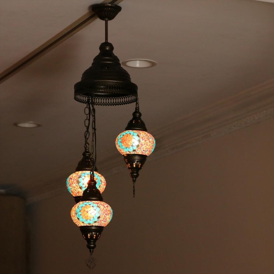 モザイクランプ トルコランプ シャンデリア 3灯 ピンク&ブルー