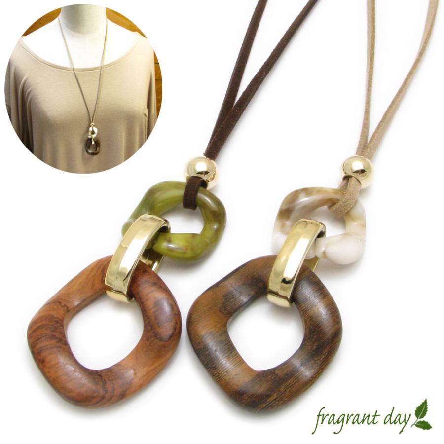 ネックレス レディース 木製 アクリル ウッド レザーネックレス