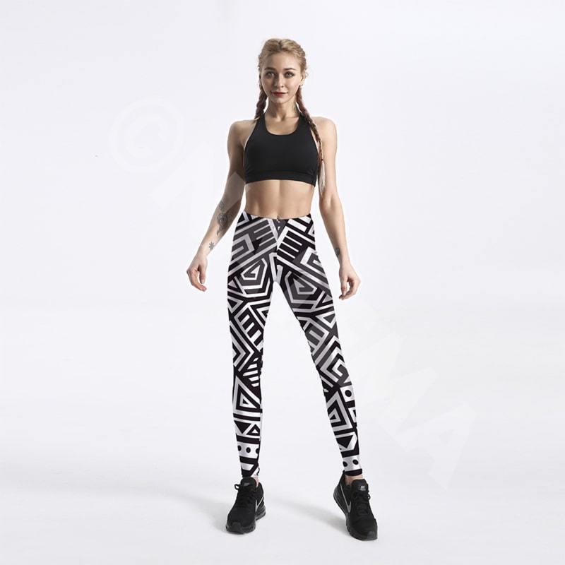 モノクロ モノトーン 幾何学 サイケデリック 柄 9分 レギンス ヨガ