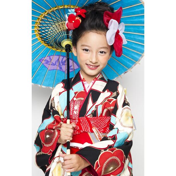 七五三 七才 7歳用着物 正絹 ブラック 梅 笹 7歳児用 女の子 紅一点