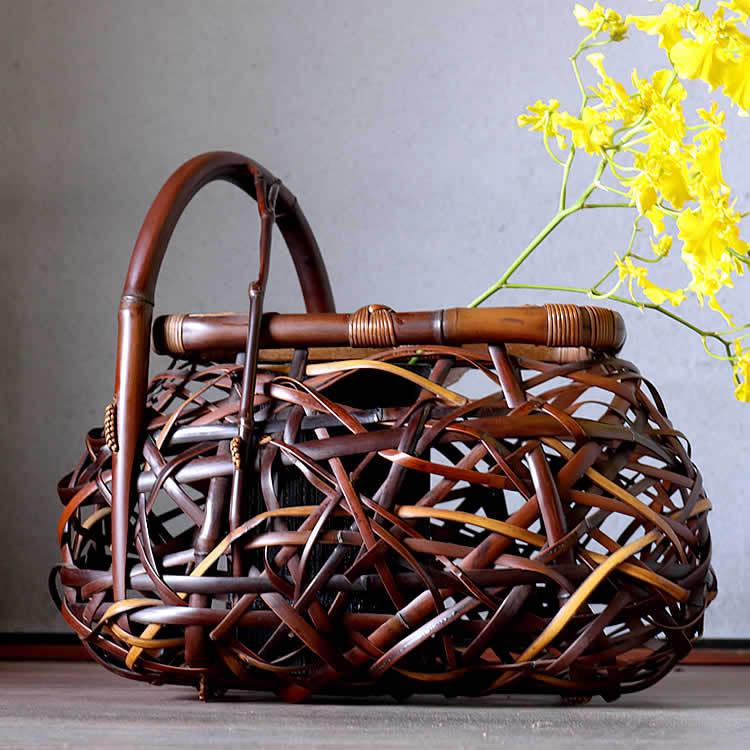 渡辺竹清作 鳳尾竹乱れ編み花籠（Japanese bamboo art by Chikusei