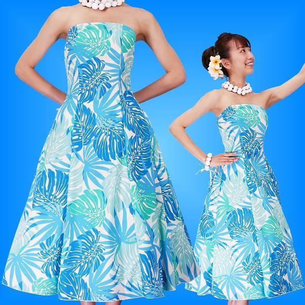 フラダンスムームー ストラップレス ミディ丈ドレス ブルー Fサイズ