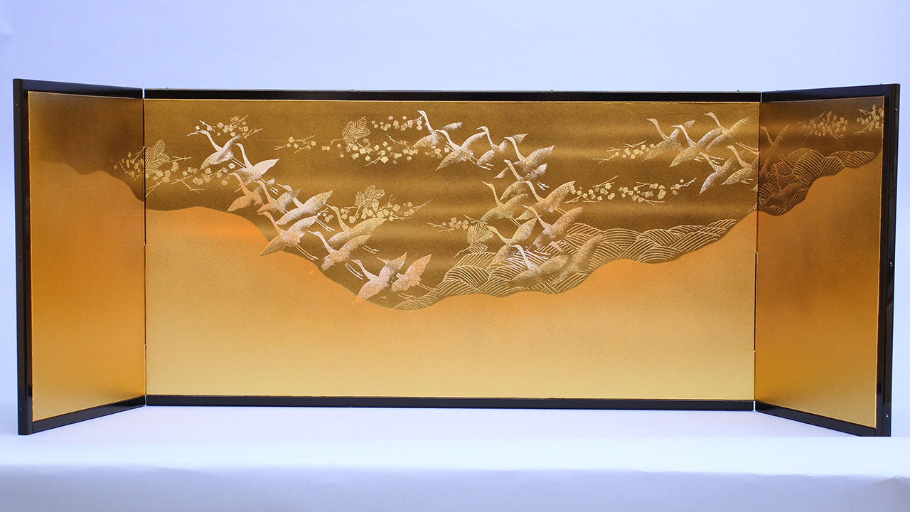 屏風・衝立 高さ39cm 雛人形用 13号 金屏風 三曲本仕立て かすみ連鶴
