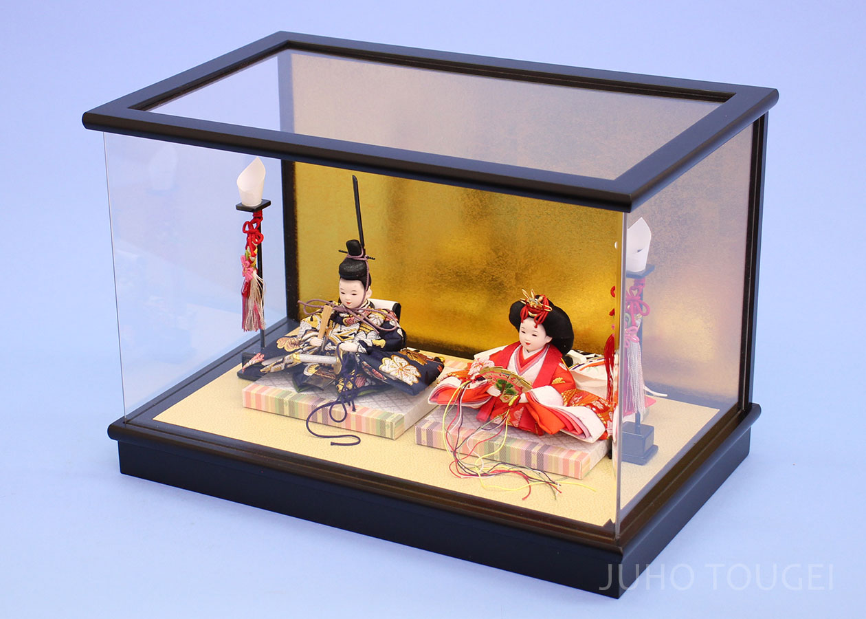 雛人形 ケース飾り 二人 幅39cm｜アクリルケース 飾るタイプ 黒枠 金