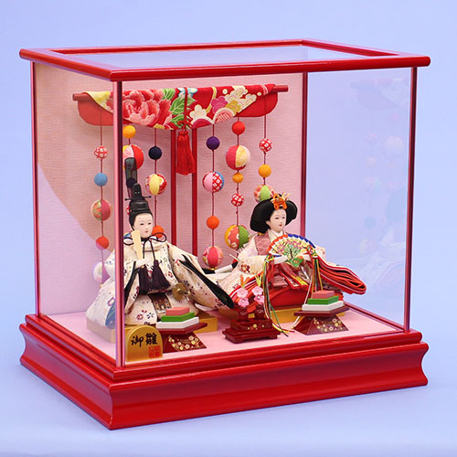 雛人形 ケース飾り 二人 幅38cm｜ガラスケース固定型 小芥子親王 朱赤