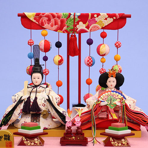 雛人形 ケース飾り 二人 幅38cm｜ガラスケース固定型 小芥子親王 朱赤