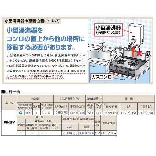 PH-5FV｜パロマガス瞬間湯沸かし器[小型湯沸器][先止式]